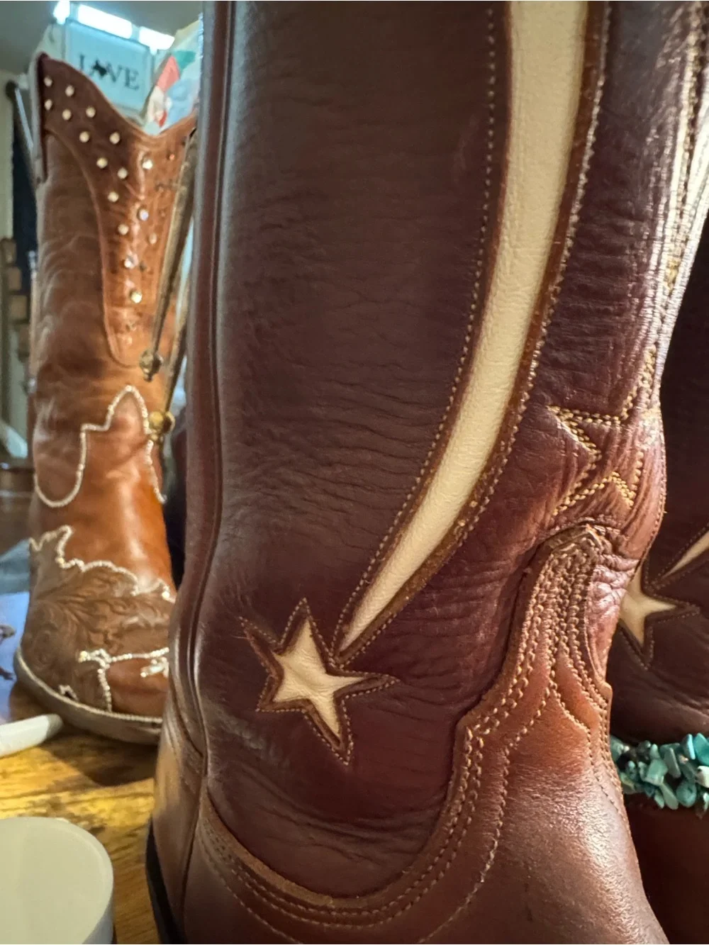 Lucchese Brown Leather Western Heeled Boots with Turquoise Accents - Picture 6 of 8